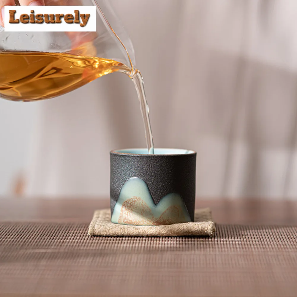 4pc/set Handdrawn Mountain Tea Cup Japanese Coarse Pottery Master Cup Meditation Cup Chazhan Set of Cups Water Jug Gift Box Set