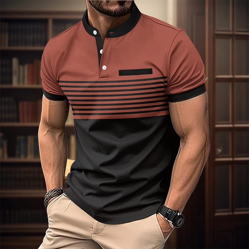 

Лидер продаж, новая мужская Свободная рубашка с воротником-стойкой, Повседневная дышащая мужская спортивная одежда высокого качества с короткими рукавами и карманами