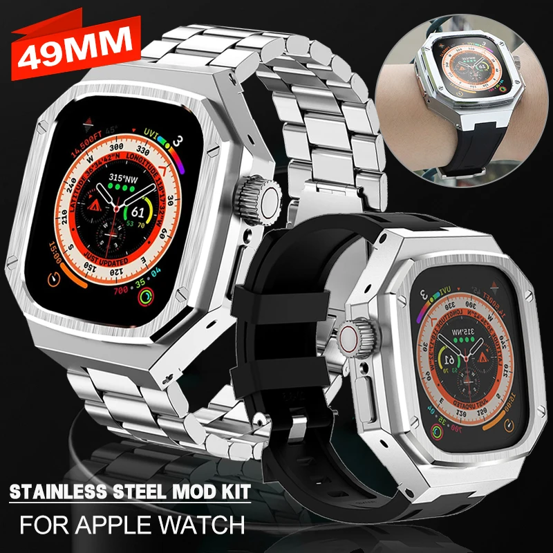 

49mm Stainless Steel Case Luxury Modification Kit for Apple Watch Ultra 2 Rubber Band IWatch Series 49 mm Sport Bracelet DIY Mod