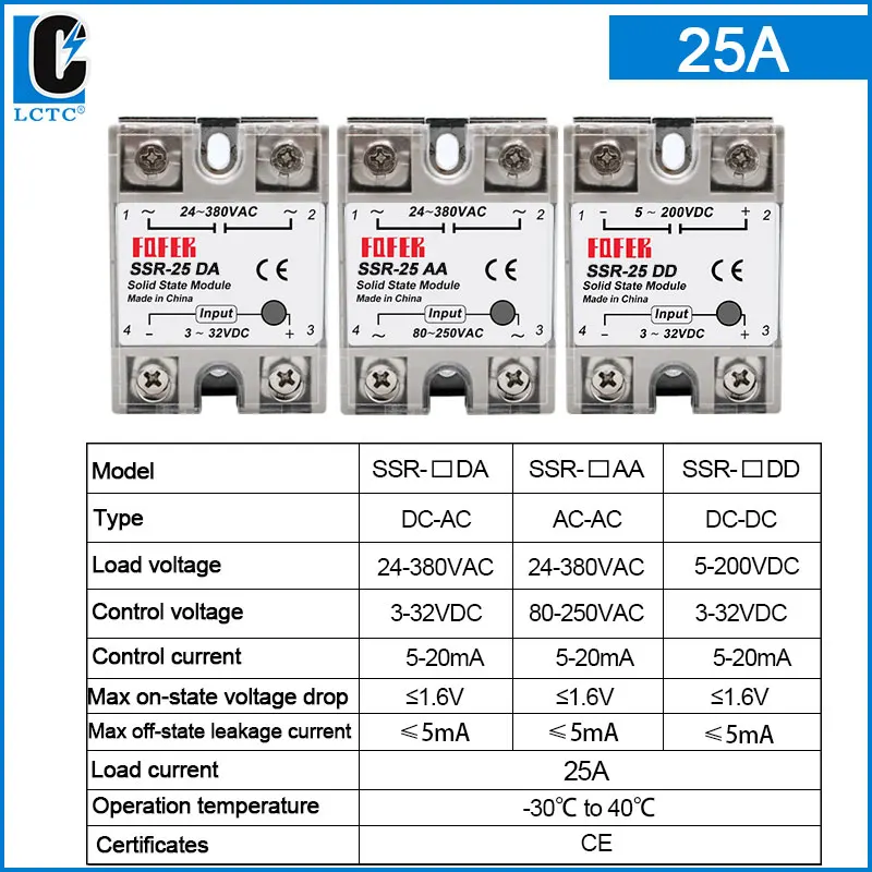 LCTC Single Phase Solid State Relay (SSR) - High-Performance Non-Contact Switch, 24-380VAC, 10A to 100A Capacity