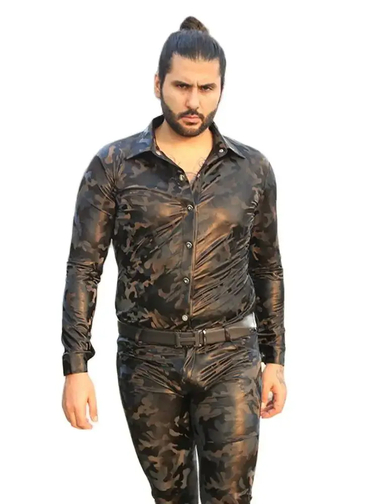 

Camouflage Elastic Faux PU Leather Long Sleeve T Shirt Men Single Breasted Turn Down Collar Camo Tshirt Tight Hot Top Streetwear