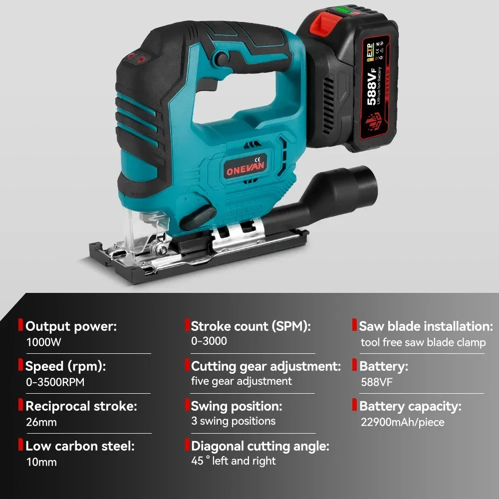 3000SPM Brushless Electric Jig Saw Cordless Jig Saw Adjustable Blade Multi-Function Cutting Power Tool For 21V 21V Battery