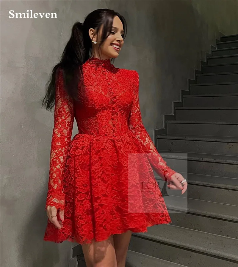 Smileven Lace Mini Red Cocktail Dress Long Sleeve High Neck vestidos de noche Sexy Formal Occasion Dresses Party Gowns