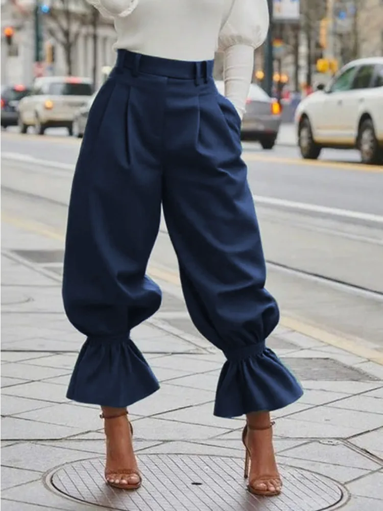 Women’s High-Waisted Wide-Leg Trousers with Ruffled Hem