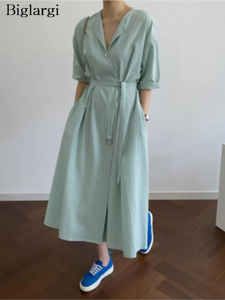 

Summer Long Shirts Dress Women Short Sleeve Fashion Korean Style Loose Ruffle Pleated Ladies Dresses Casual Woman Shirt Dress