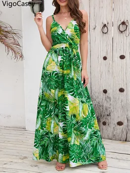 VigoCasey 2025 Summer Female Sexy Print Evening Dress Women Cross V Neck Strap Long Dress Lady Sleeveless Tight Club Dresses