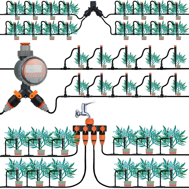 Drip Irrigation System 1/4" Hose 360 Degree Adjustable Sprinkler Kit 4-Way Garden Watering Inserting Ground Micro Flow Dripper 3