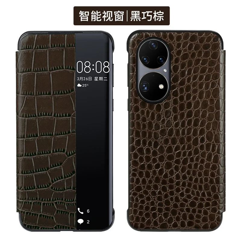 Sales Luxury Crocodile Grain Cowhide Leather Cover For Huawei P50 Pro Real Genuine Cow Skin Intelligent Sleep Window Flip Case