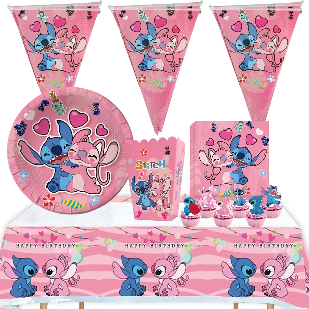 

Disney Lilo Stitch Pink Angel Birthday Party Disposable Party Tableware Set Baby Shower Wedding Party Decoration Supplies