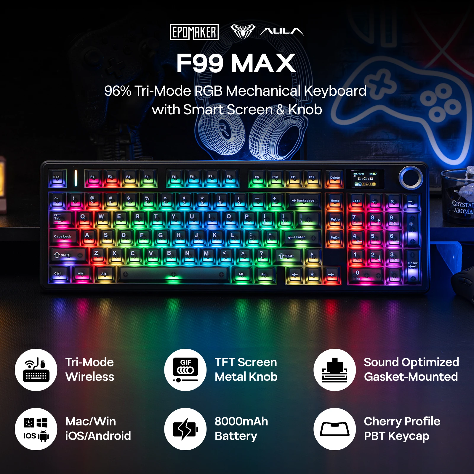 EPOMAKER × AULA F99 MAX 96% ANSI US QWERTY 레이아웃 가스켓 유선/BT/2.4Ghz 무선 기계식 키보드 (스마트 스크린 및 노브 포함)