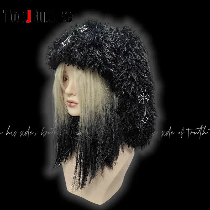 Women Japanese Harajuku Y2K Long Rabbit Ear Hat Gothic fluffy cross Winter Warm Bunny Ear Caps winter hat fashion hat