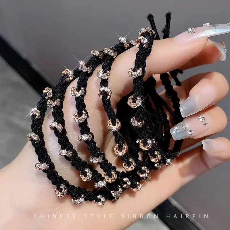 

5pcs Head rope women's leather cover simple temperament rhinestone hair band high elastic durable hair rope adult hair e