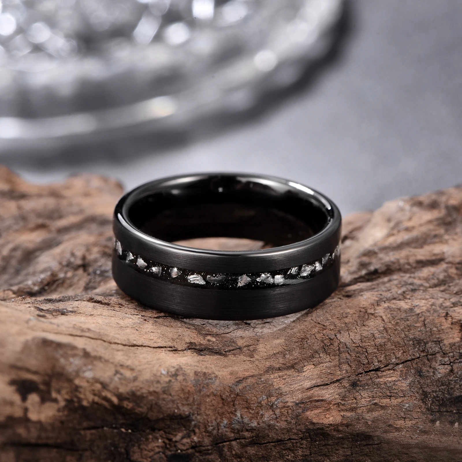 Nuncad 8mm Tungsten Carbide Ring Black Brushed Ring Gibeon Meteorite Fragments Men's Fashion Wedding Jewelry Best Gift