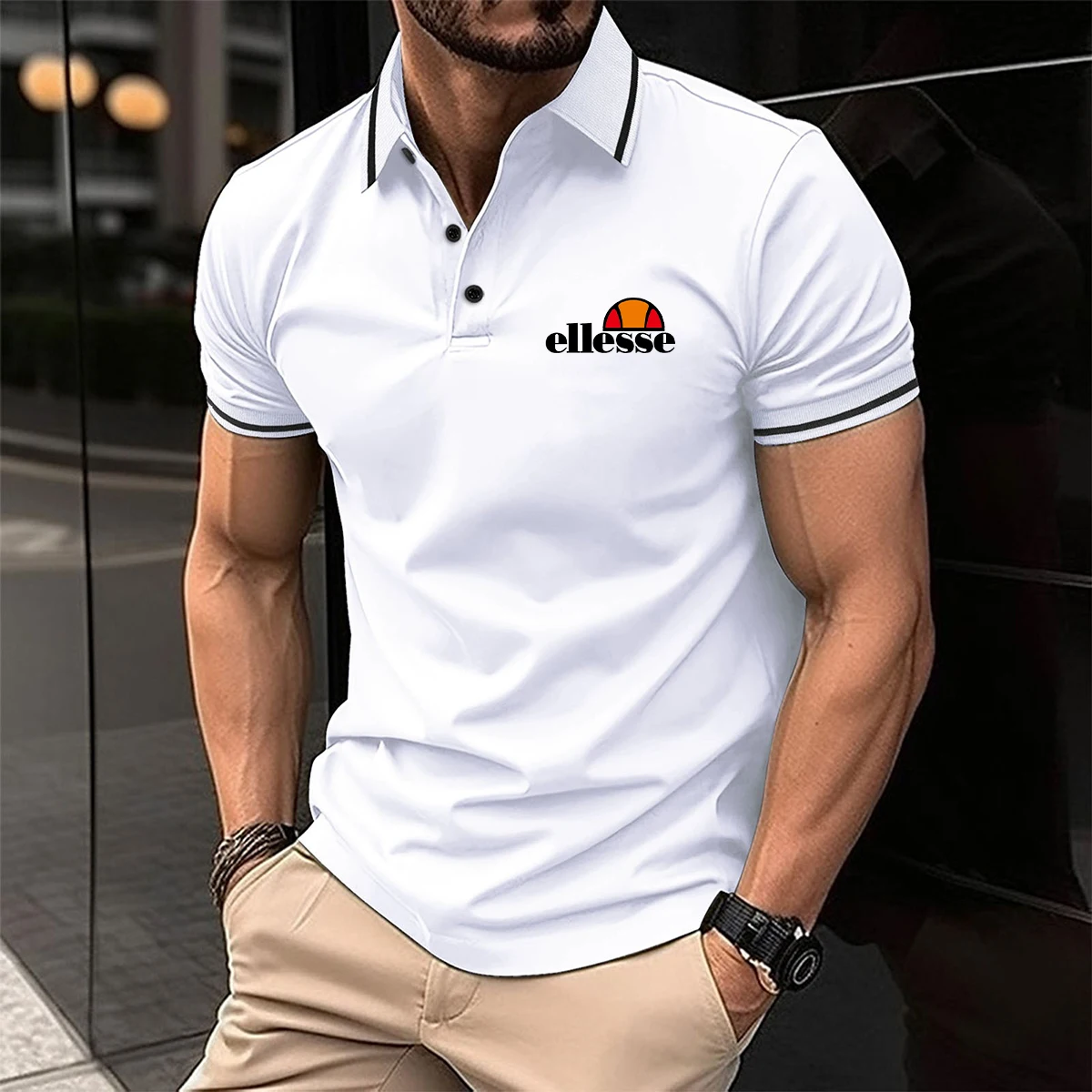 Polo ellesse Premium da uomo: Materiale delicato sulla pelle, colletto e polsini con finiture a contrasto, classico logo ellesse Sun. - immagine 4