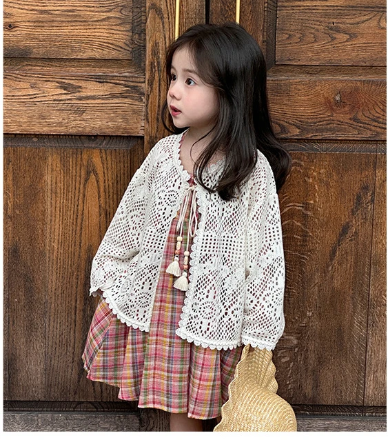 여아용 할로우 아웃 자외선 차단 커버 업 셔츠, 레이스 가디건, 심플 패션, 달콤한 2024, 여름 신상
