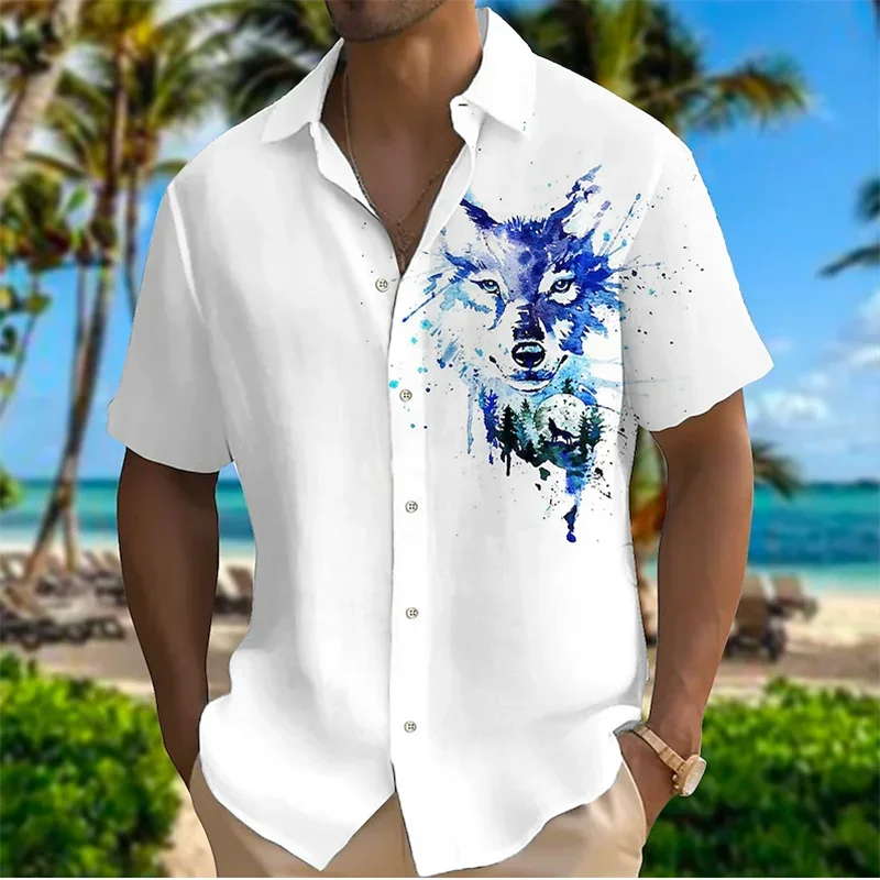 thumbnail image 1 of Camiseta retro para hombre con estampado 3D de animales, león y tigre, nueva camiseta de verano con solapa abotonada, ropa informal de moda hawaiana para hombre, 1 of 5