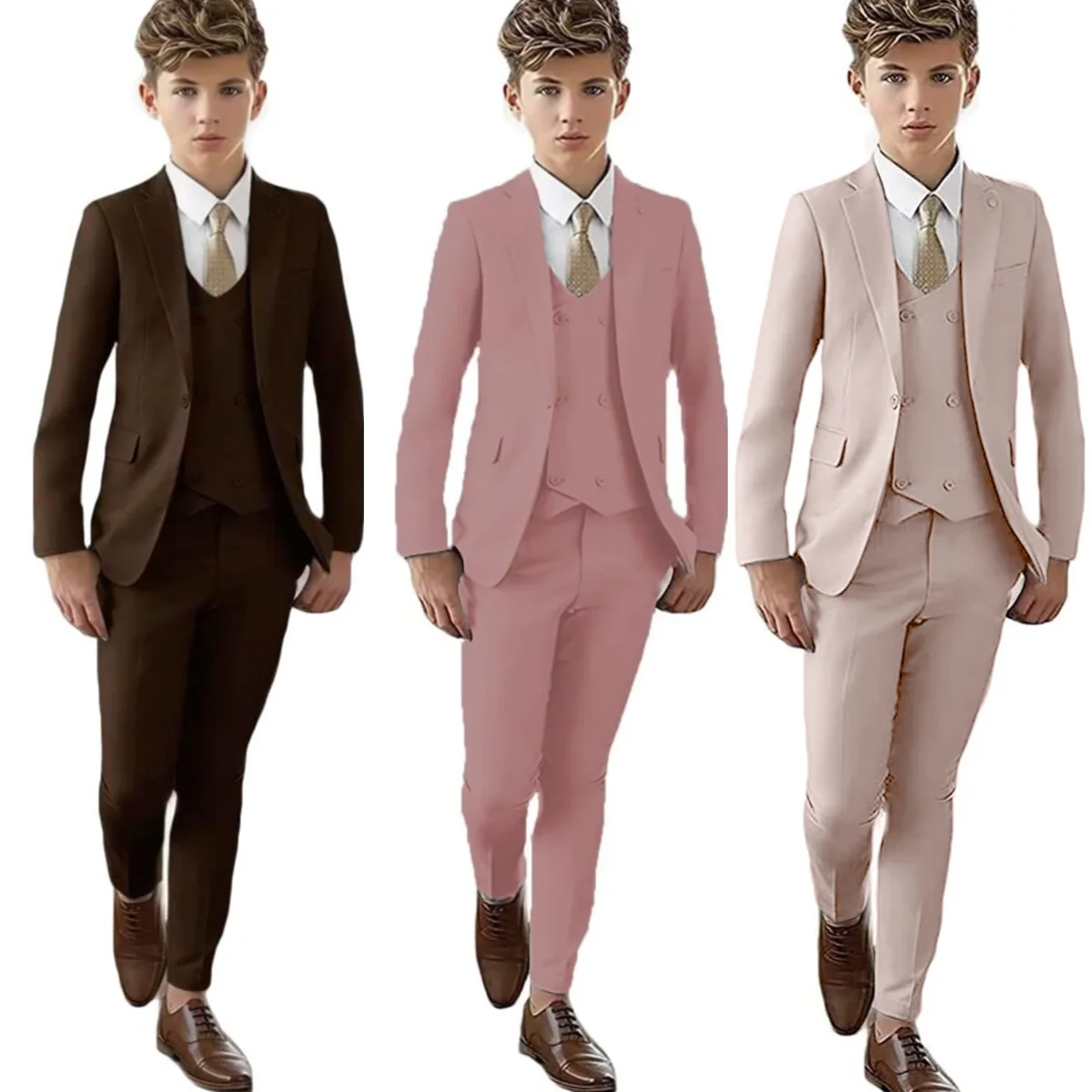 Kids Suit Set 3 Pcs 24h Ship Solid Classic Single Button Boy's Tuxedo Blazer Vest Pants Birthday Wedding Party Suits For Child