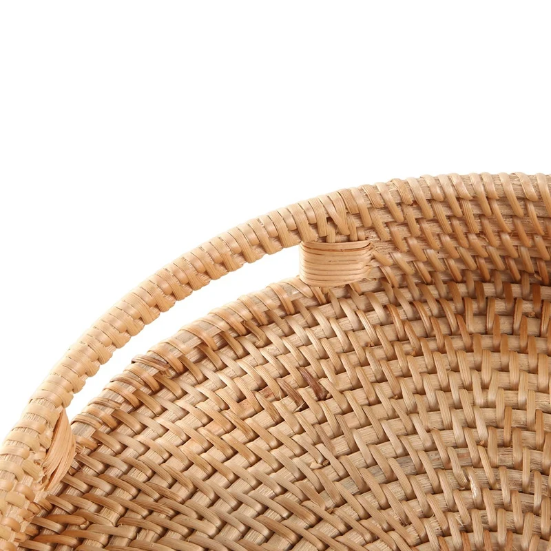 Round Rattan Serving Tray Decorative Woven Ottoman Trays With Handles For Coffee Table Natural 3