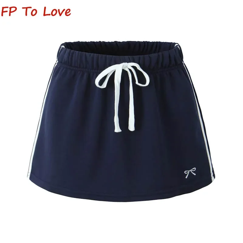 

Темно-синяя мини-юбка Y2K в стиле колледжа с эластичной талией, полосками по бокам и бантом, трапециевидная уличная мини-юбка для девушек