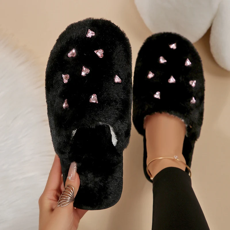 Luxury Crystals Furry Slippers Women Autumn Winter Indoor Home Warm Plush Slides Woman 2025 Non Slip Sole Cotton Shoes Female