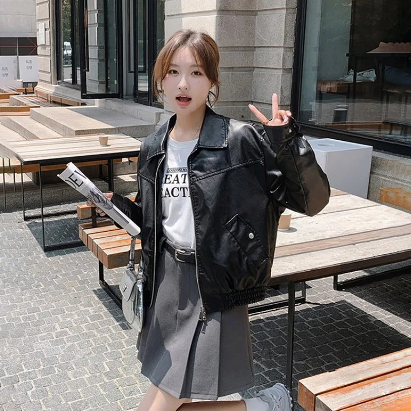 Brown Leather Jacket Short Motorcycle PU Leather Casual and Fashionable Loose Fitting Jacket