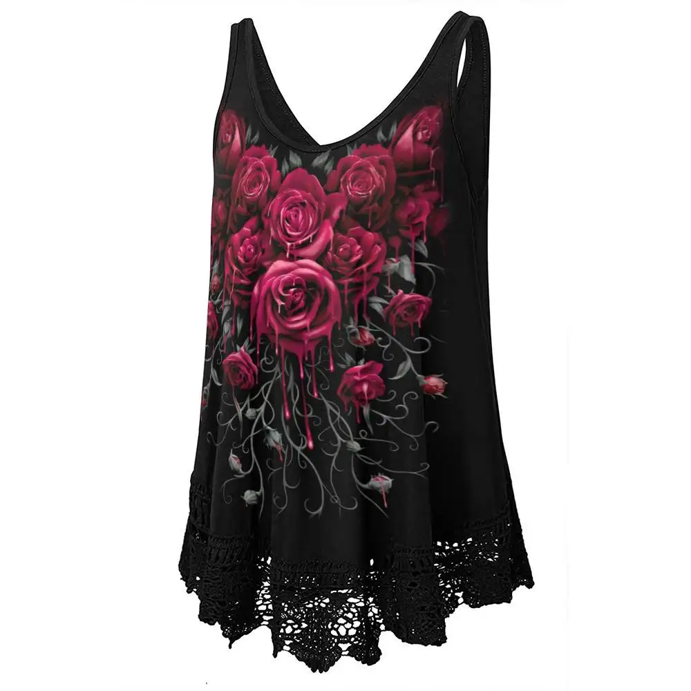 

Womens Gothic Rosed Floral Printed Loose Tank Tops Ladies Summer Sleeveless Vest Swing T-shirt For Free Shipping 2023