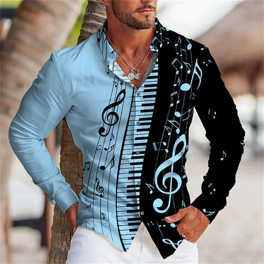 2024 Fashion designer designs music print men's shirt stand collar lapel Casual outdoor street HD pattern soft and comfortable