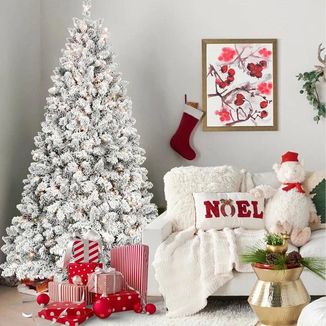 4/5/6/7/7.5/8/9FT PVC Artificial Flocking Christmas Tree Tungsten Lights Pine Cone Decor Metal Stand Premium Xmas Tree Ornaments 5