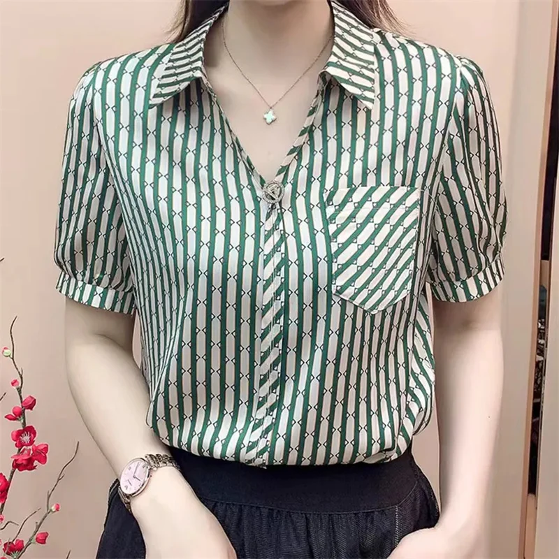 Chiffon shirt striped summer short-sleeved 2022 summer women's Japanese retro Hong Kong style shirt design niche V-neck top