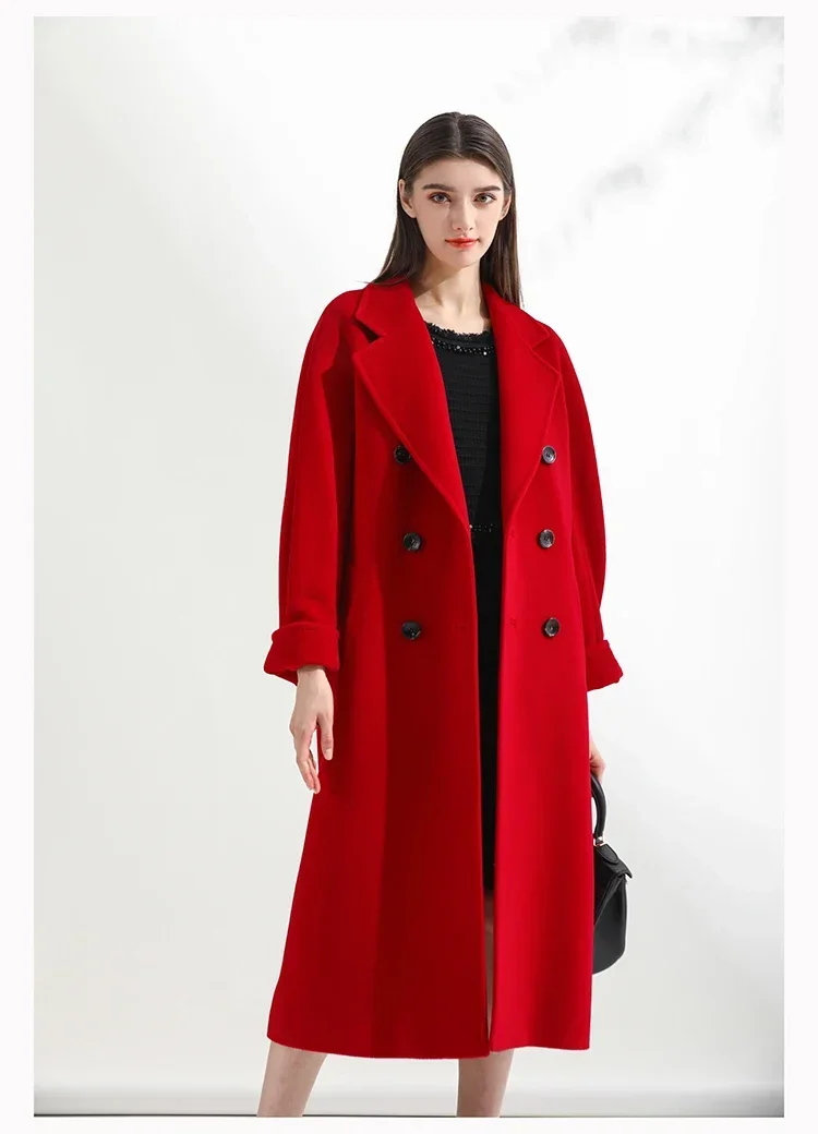 Classic Cashmere Coat Women Solid Color Lapel Double Breasted Wool Coats Autumn Winter Warm Long Outwears Casual Commute Outcoat