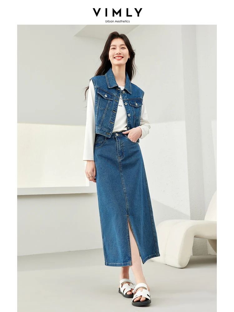 Vimly Retro Washed Cotton Denim Skirt Sets 2024 Spring Lapel Sleeveless Jean Jacket Sraight Split Midi Skirt 2 Piece Set 72925 vimly black casual dress sets hooded zipper cropped jackets sleeveless midi dress 2023 autumn matching set female clothing m5003