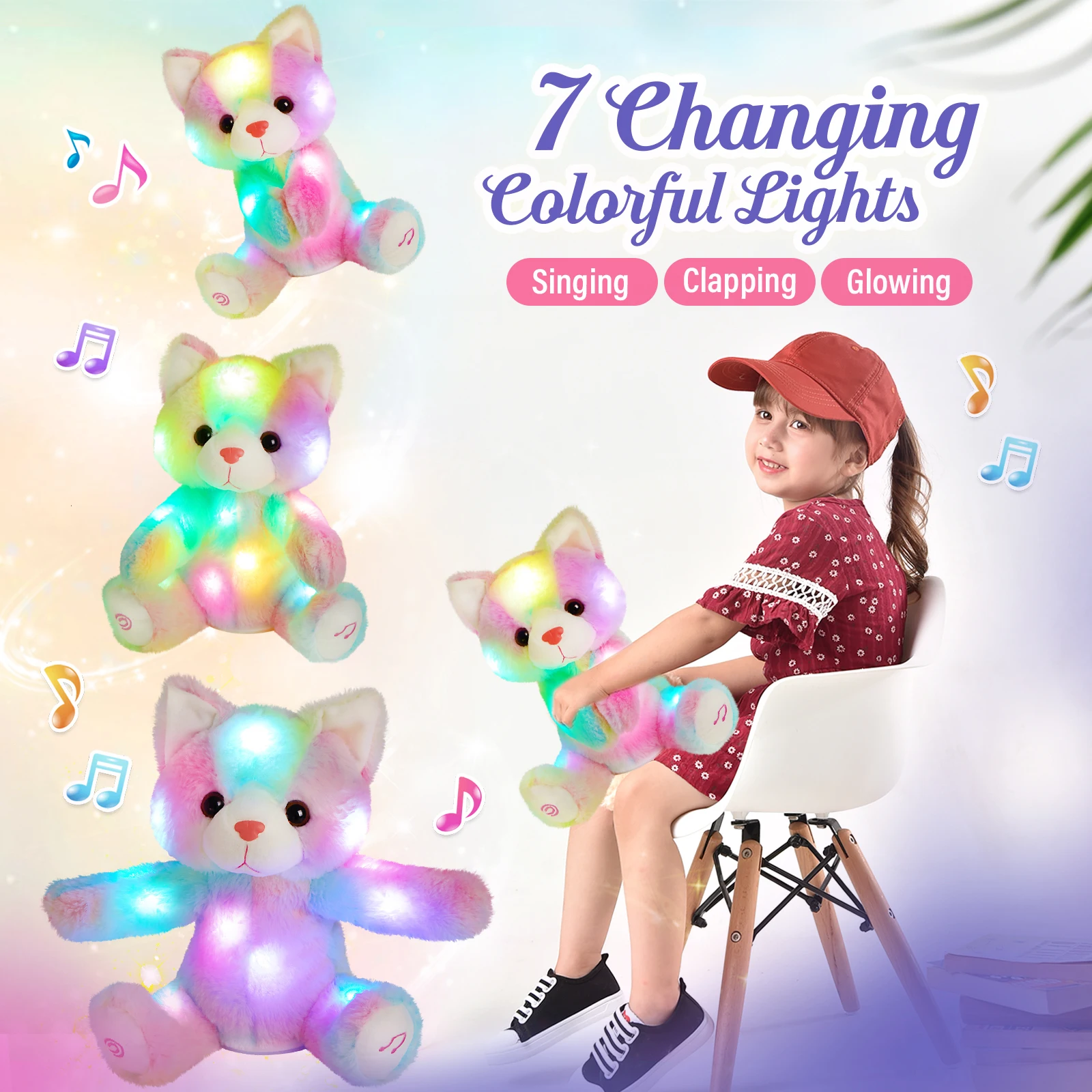 Claping Hand Cat Colorful Gift Stuffed Animals Toy PP Cotton LED Light Plush Toys Electric Birthday Gifts for Girls Children