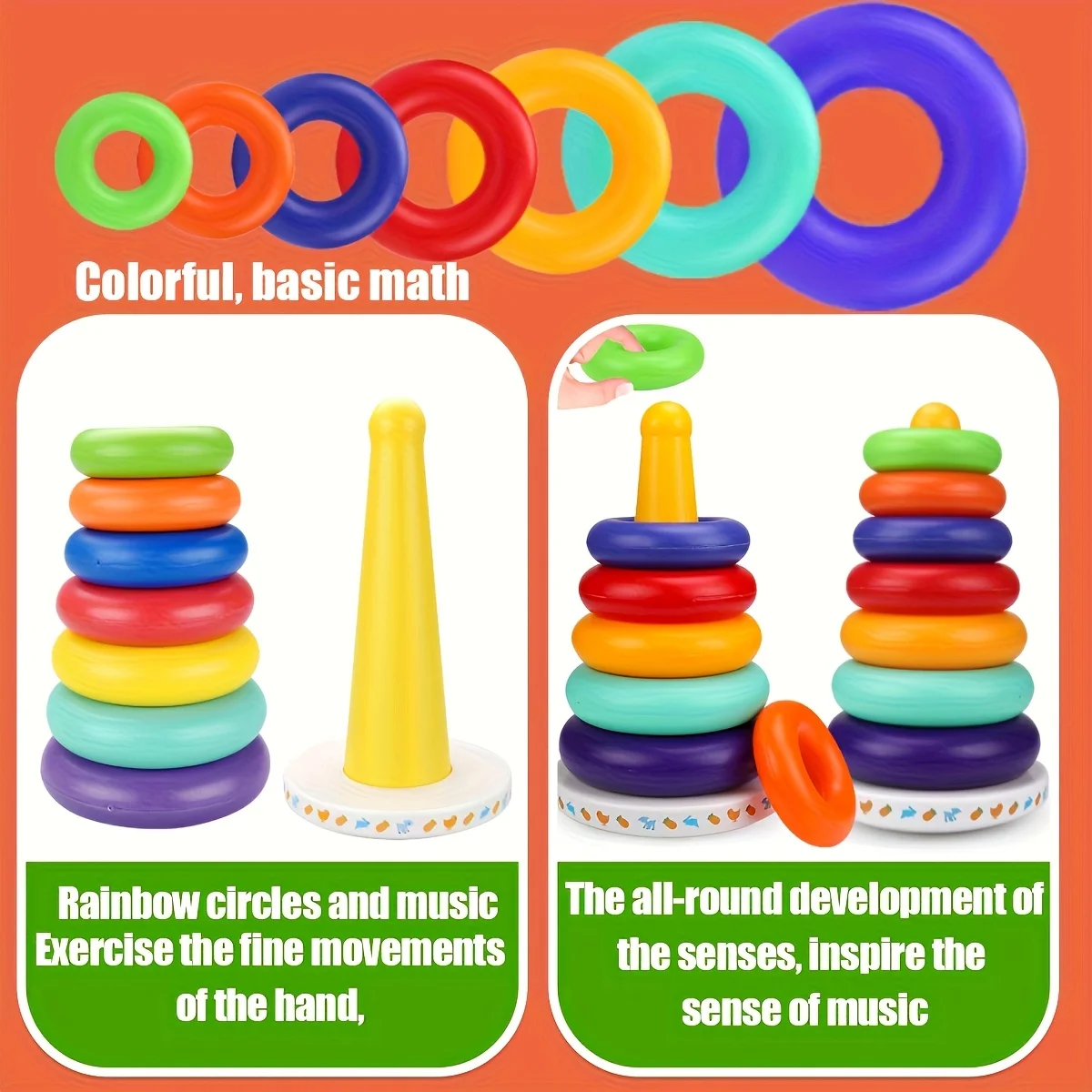 Rainbow Stacking Musical Toy with 6 Color Cards & STEM Blocks-Sensory Learning for Toddlers 1-3 Years, Birthday Gift Toy