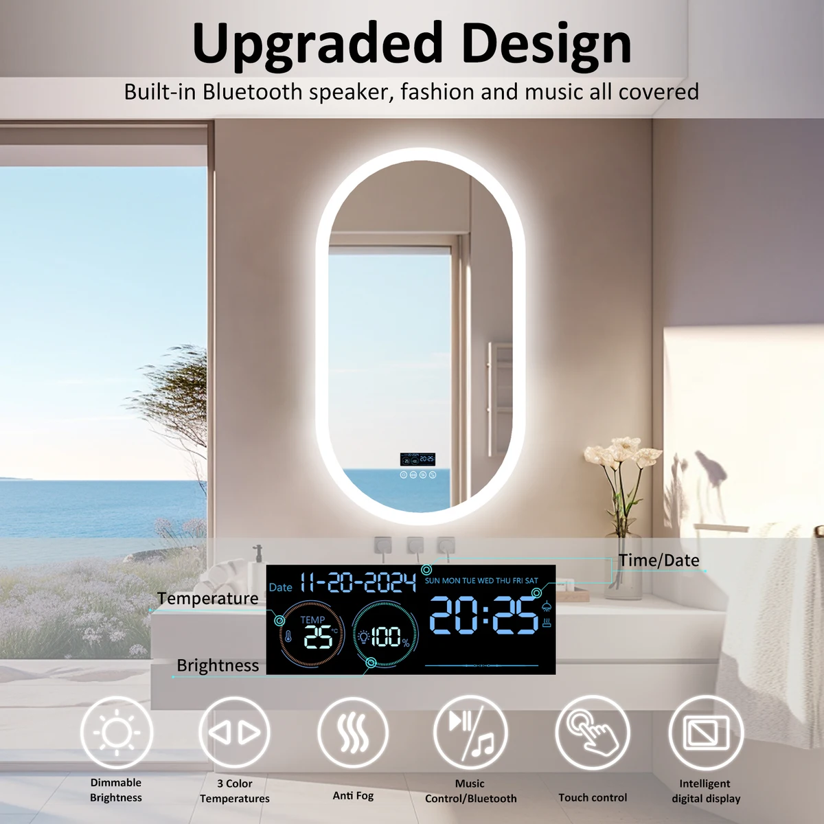 LUVODI Lighted Bluetooth Bathroom Mirror Led Backlit Illuminate Vanity Mirror with Time Date Display Anti-fog — view 6