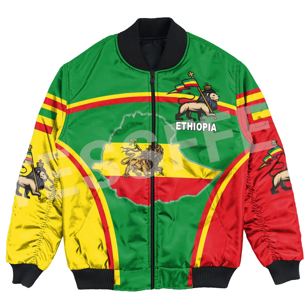 Ethiopia County Flag Kente Reggae Africa Tribe Lion Retro 3DPrint Unisex Harajuku Winter Coat Casual Windbreaker Bomber Jacket V