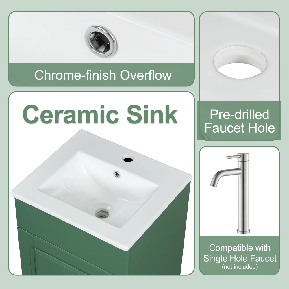 18" Bathroom Vanity With Sink, Vanity Cabinet With Door Shelf And Adjustable Shelf, Green 6