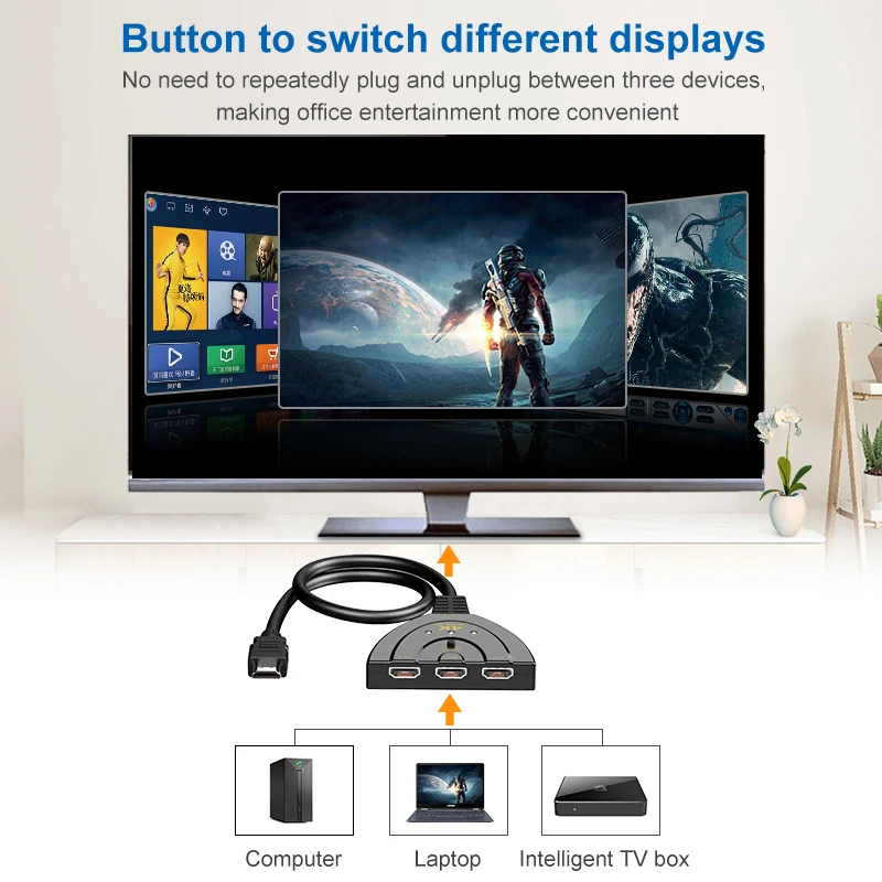 4K HDMI Switcher 3 Port HDMI Switch 3 in 1 Out with High Speed Switch Splitter Pigtail Cable Supports Full HD 4K 1080P 3D Player