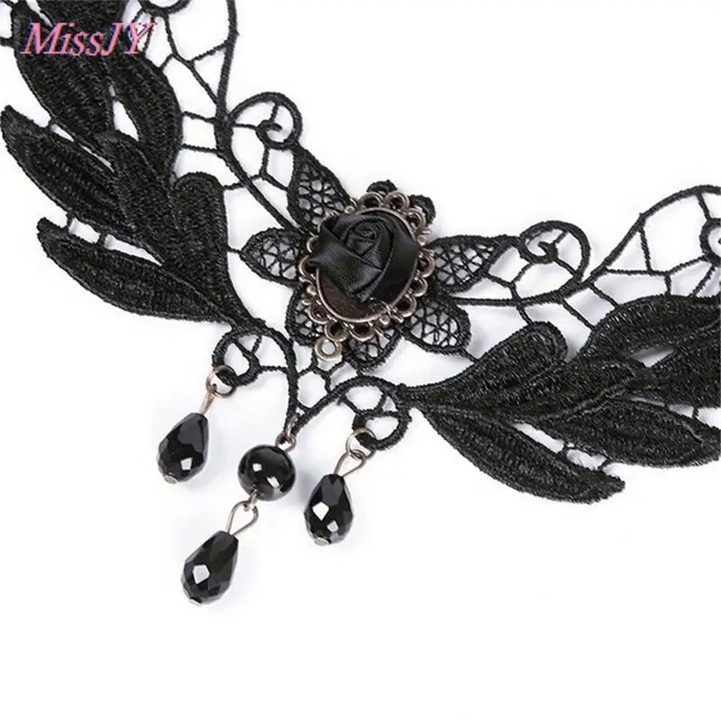 Chocker Jewelry Gem Decoration Women Gothic Punk Style Black Lace Beads Choker Collar Necklace