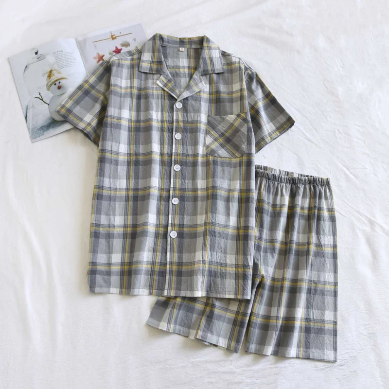 2024 Japanese New Summer Men's Pajama Set 100% Cotton Short Sleeve Shorts Two Piece Men's Set Simple Plaid Thin Homewear