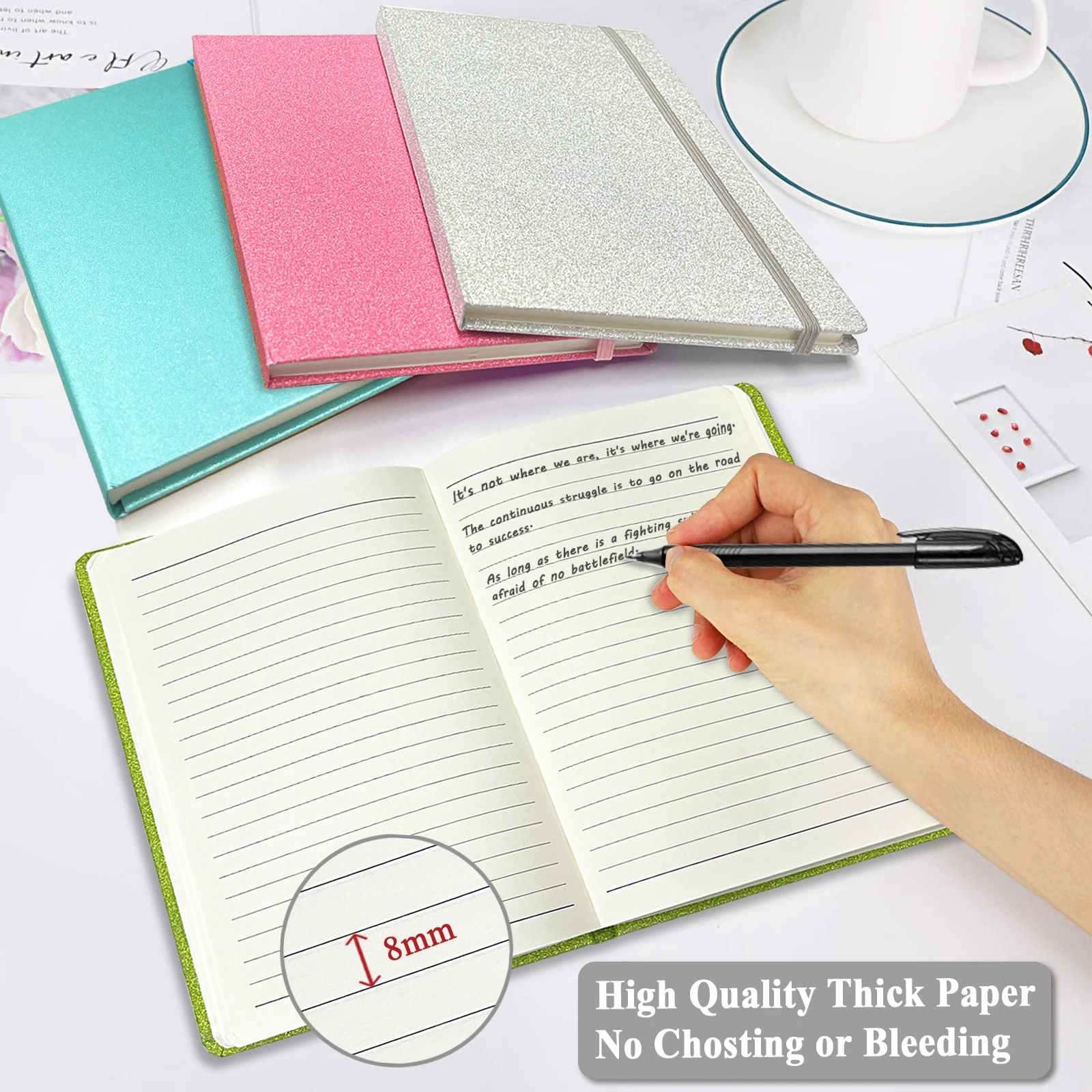 A5 Glitter Notebook, Hardcover 160 Pages Never Peel Off Sparkle Glitter Lined Journal for Women Girls Writing Note Taking Works 6