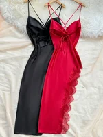 2 piece women's Sexy Sleepwear Set lace trim slit suspender nightdress - Image 2