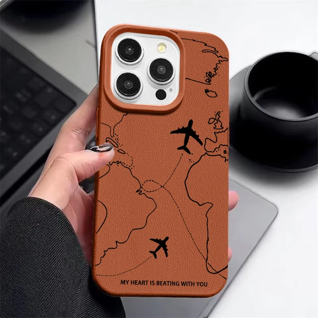 Luxury Airplane Line Print Case For iPhone 16 Pro Max Coque iPhone 15 Pro Max 14 13 12 11 Leather Texture Silicone Cover Fundas 5