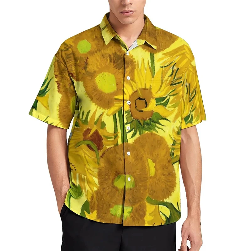 3D Printed Sunflower Plant Blouses Purple Flower Graphic Beach Shirts For Men Clothes Vacation Y2k Short Sleeve Boy Button Tops 5