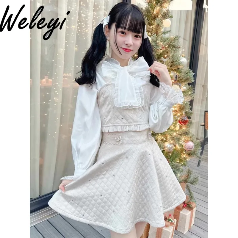 

Японское новое белое платье Rojita, женская одежда с длинным рукавом, милое сердечко, украшение из стразов, костюм с хлопковой подкладкой