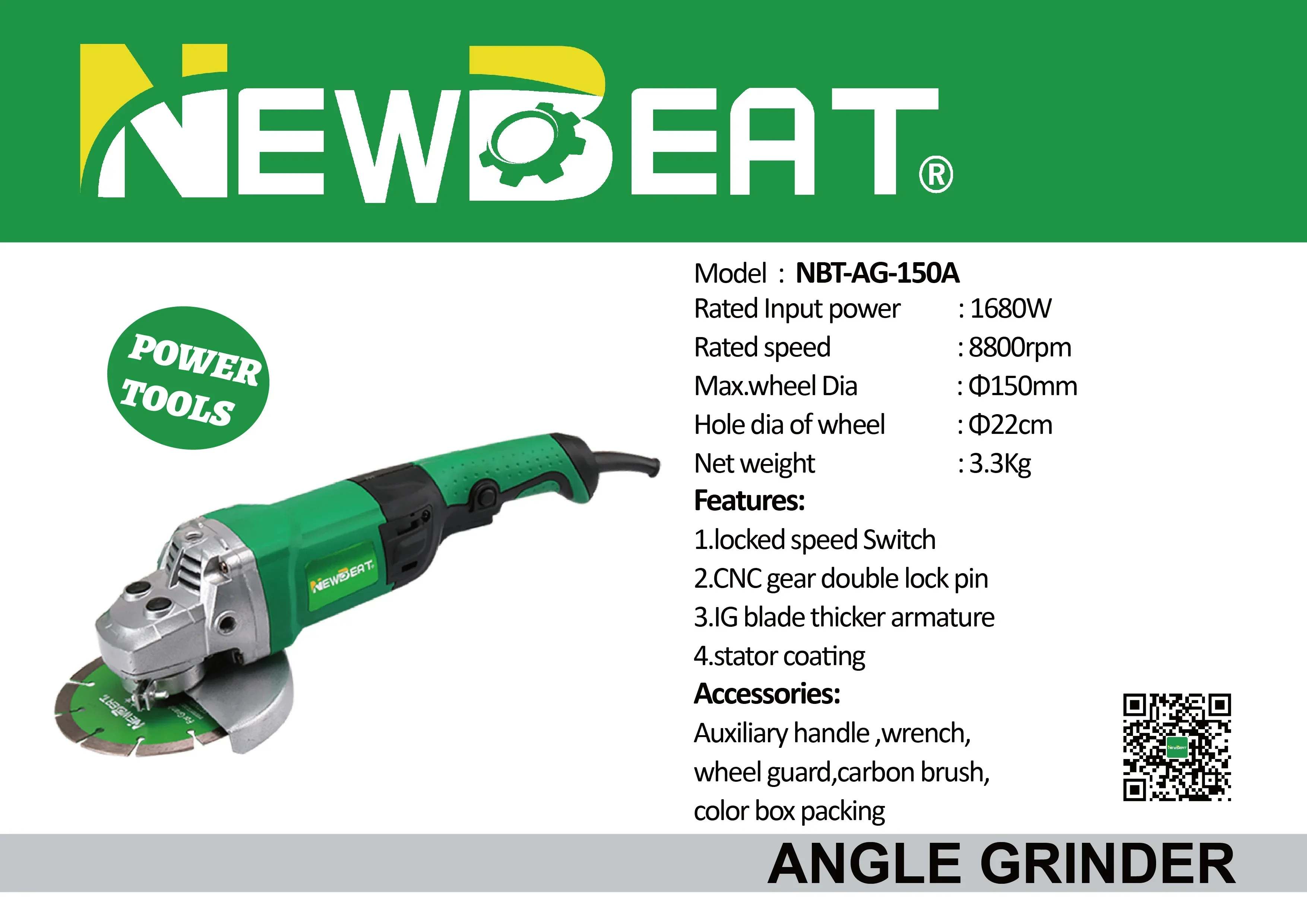Newbeat 1350W NBT-AG-150C Cutting Angle Grinder Cutting Pipesin Boiler Trigger Green 150MM 8500R/MIN 110v 220v 45.5*16.2*10.3cm 2
