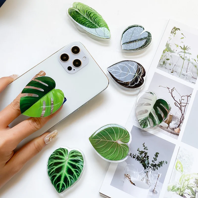 cell phone holder for desk Simulation Green Plants Leaves Korea Smartphone Holder Griptok Support for IPhone 13 Pro Max 12 Grip Tok Handband Finger Stand mobile phone holder