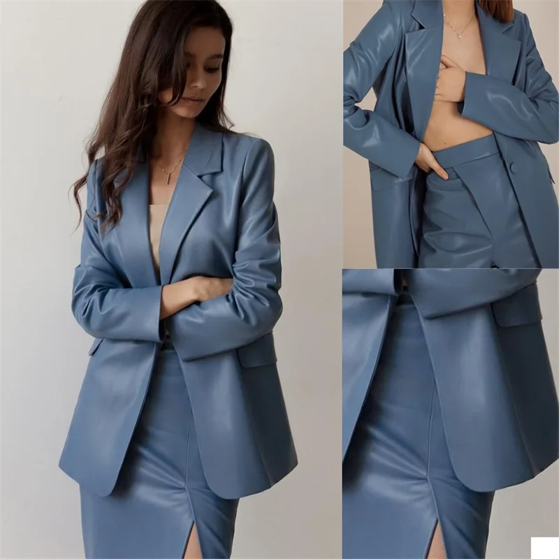 

Leather Women Skirt Suits Blue Haze High Waist Knee Length Prom Dress Mother of the Bride Tuxedos Evening Guest Wedding 2 Pieces