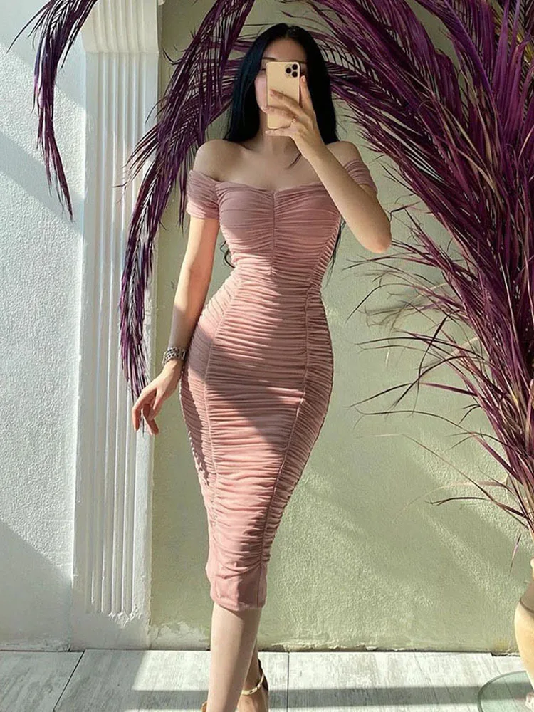 

Women Sexy Solid Pleated Bodycon Long Dress 2023Elegant Strapless Backless Wrap Hip Off Shoulder Nightclub Party Evening Dresses
