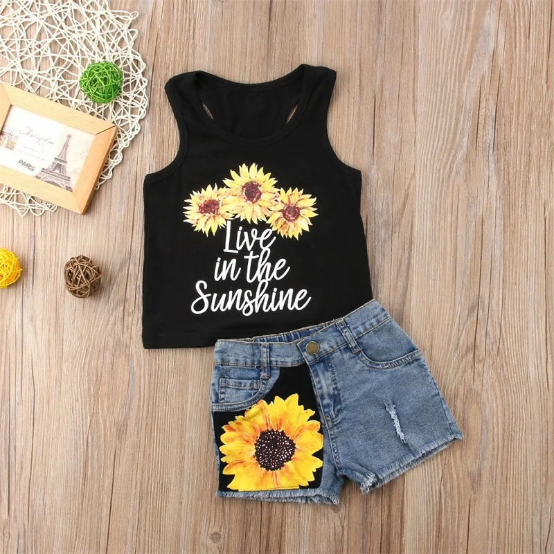 1-6 Years Toddler Girl Clothes Set Sleeveless Sunflower Letter Print Tank Tops with Denim Short Pants Summer Children's Sets kids clothing set girls clothing set