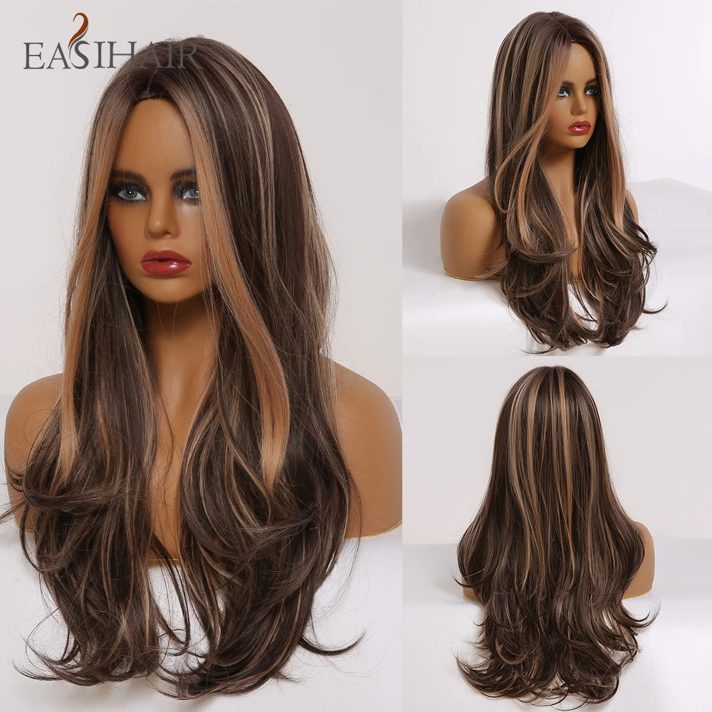 

EASIHAIR Long Brown Highlight Synthetic Wigs for Women Natural Hair Wavy Wigs Brown Ombre Female Wig Heat Resistant Wig Cosplay